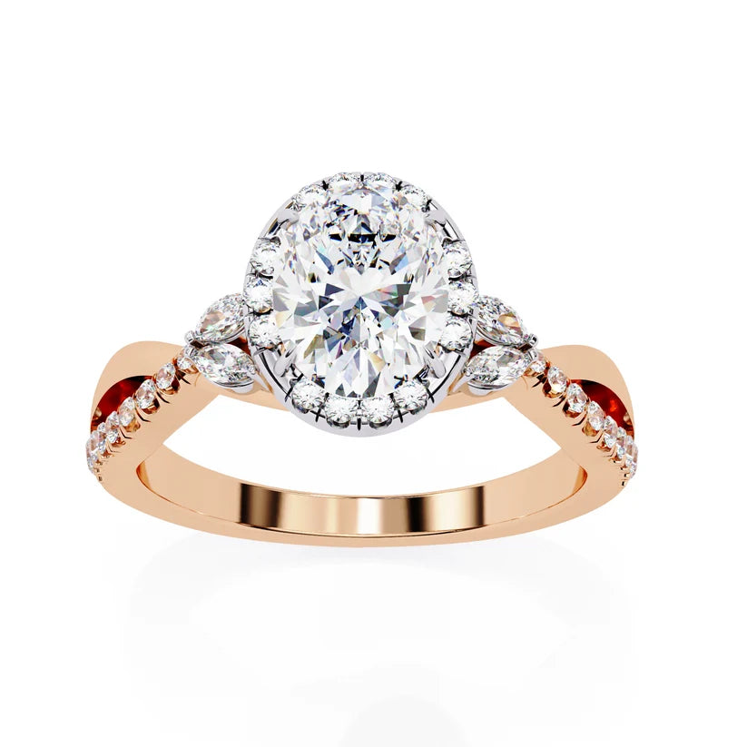 Oval Halo Diamond Engagement Ring | Solid Yellow Gold | Twisted Pavé Band | Marquise Accent Diamonds