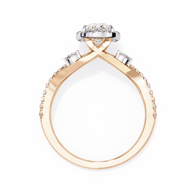 Oval Halo Diamond Engagement Ring | Solid Yellow Gold | Twisted Pavé Band | Marquise Accent Diamonds