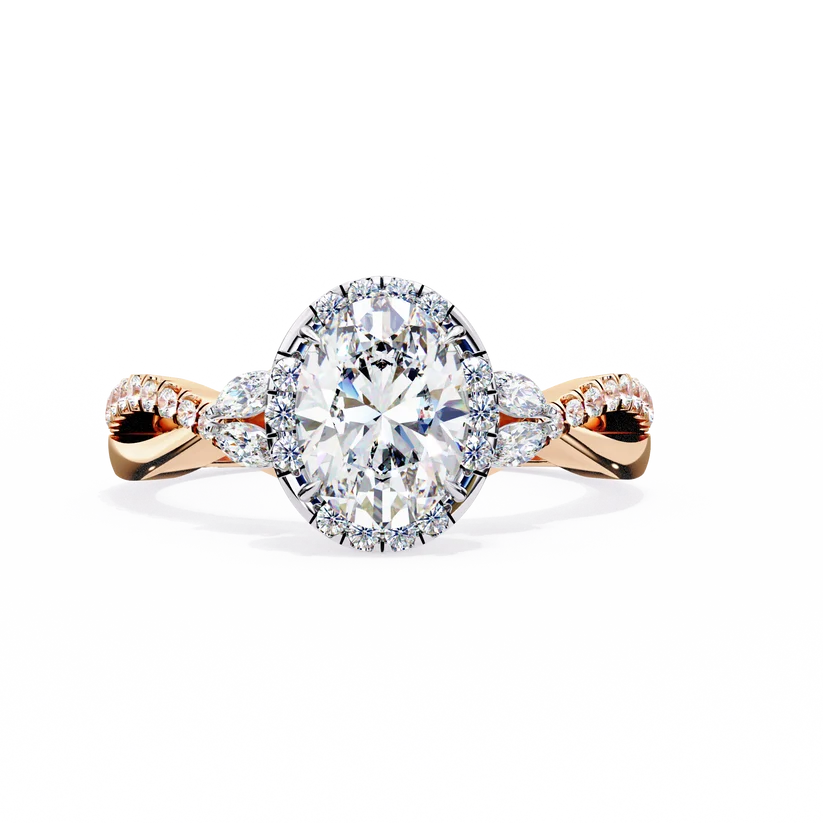 Oval Halo Diamond Engagement Ring | Solid Yellow Gold | Twisted Pavé Band | Marquise Accent Diamonds