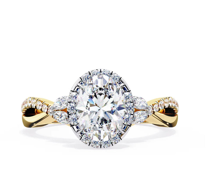Oval Halo Diamond Engagement Ring | Solid Yellow Gold | Twisted Pavé Band | Marquise Accent Diamonds