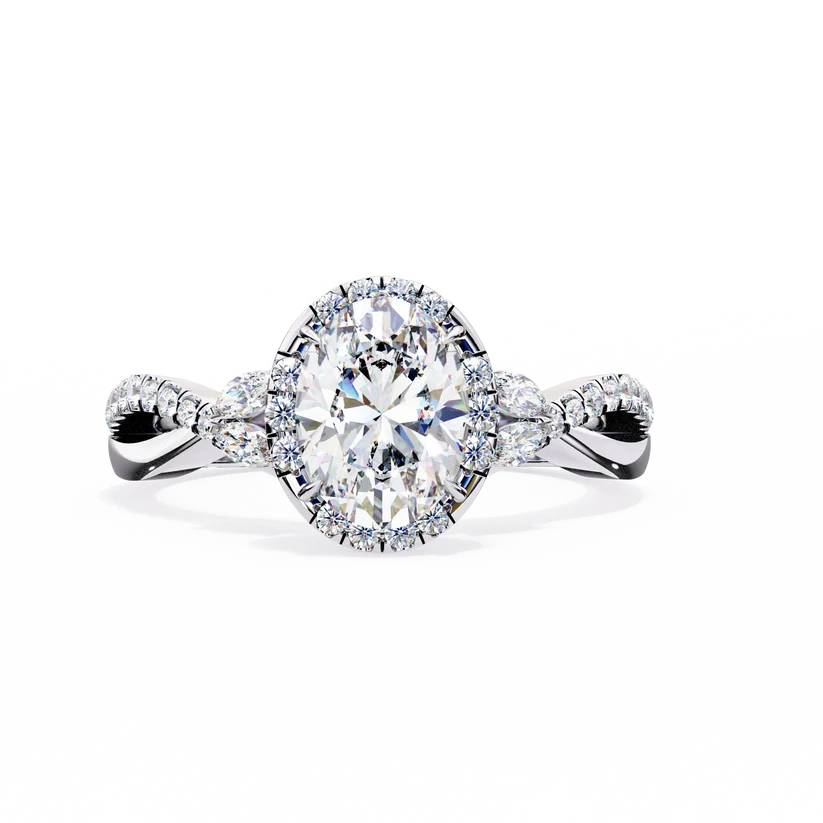 Oval Halo Diamond Engagement Ring | Solid Yellow Gold | Twisted Pavé Band | Marquise Accent Diamonds