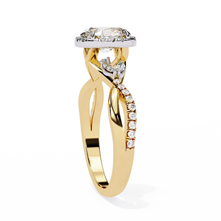 Oval Halo Diamond Engagement Ring | Solid Yellow Gold | Twisted Pavé Band | Marquise Accent Diamonds