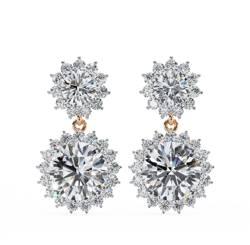 Double Halo Round Diamond Drop Earrings