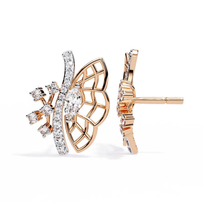 Elegant Butterfly Diamond Cluster Stud Earrings – Gold Openwork Design