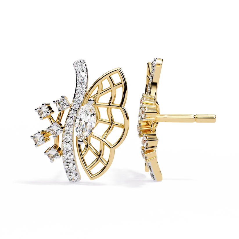 Elegant Butterfly Diamond Cluster Stud Earrings – Gold Openwork Design