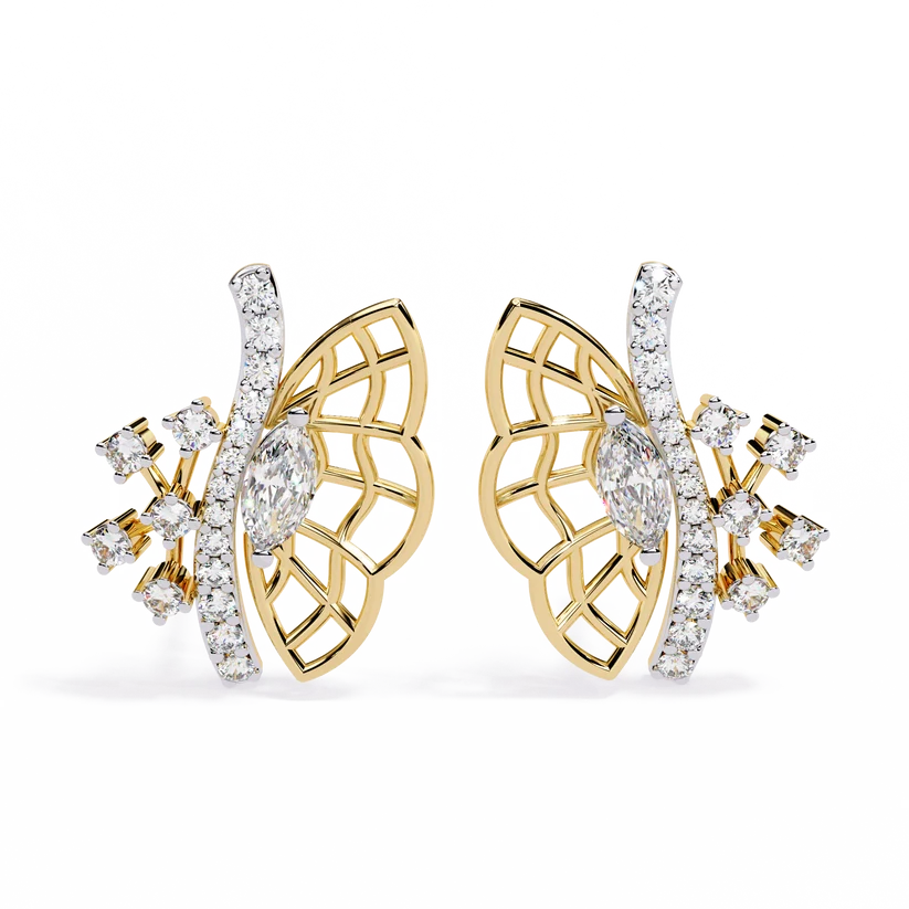Elegant Butterfly Diamond Cluster Stud Earrings – Gold Openwork Design