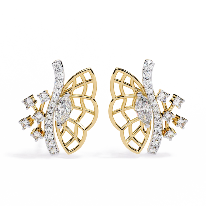 Elegant Butterfly Diamond Cluster Stud Earrings – Gold Openwork Design