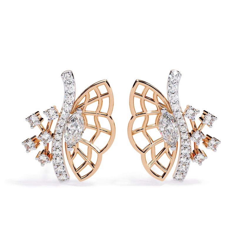 Elegant Butterfly Diamond Cluster Stud Earrings – Gold Openwork Design