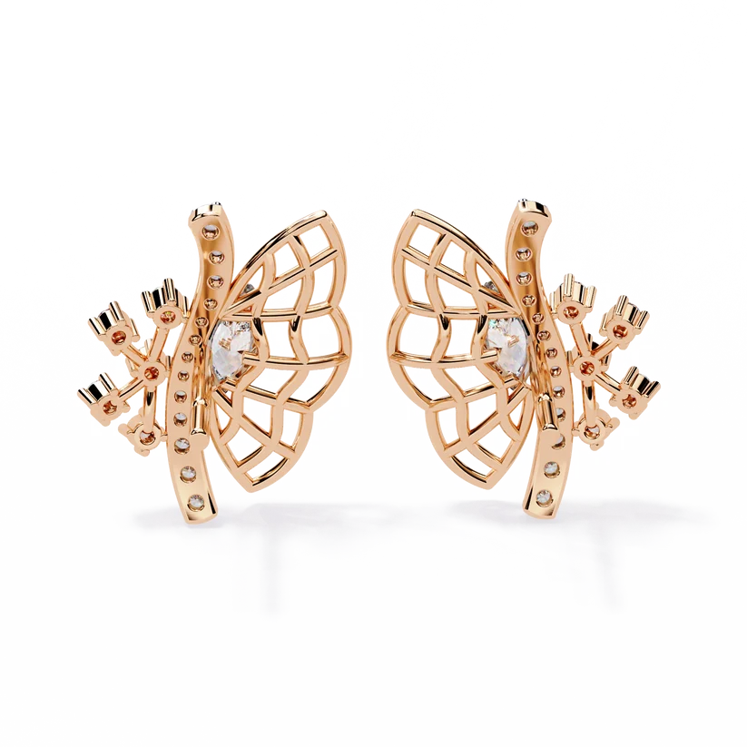 Elegant Butterfly Diamond Cluster Stud Earrings – Gold Openwork Design
