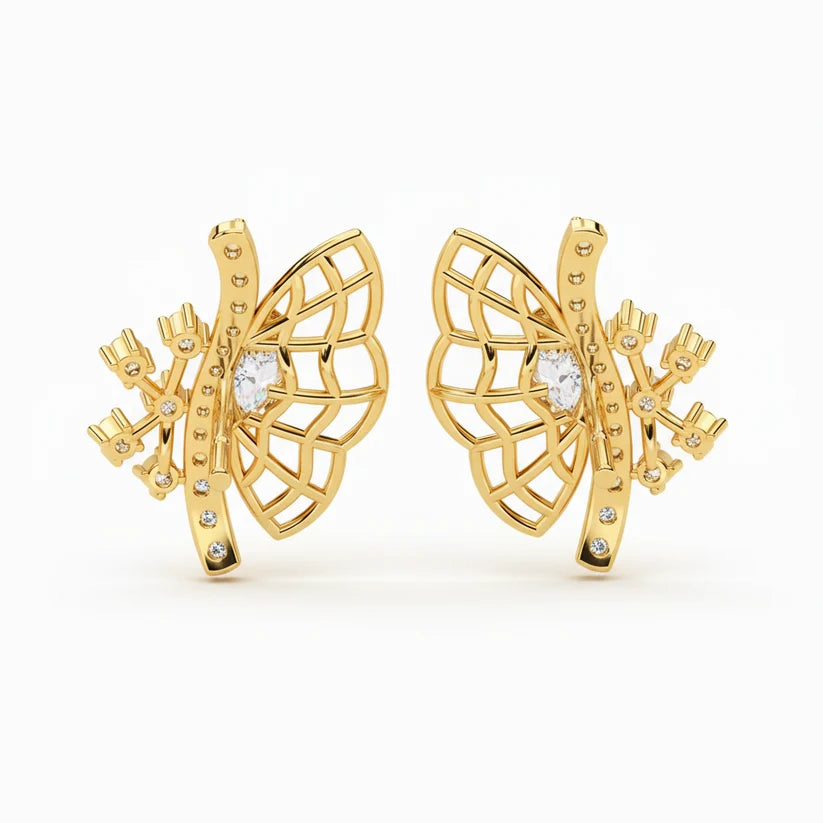 Elegant Butterfly Diamond Cluster Stud Earrings – Gold Openwork Design