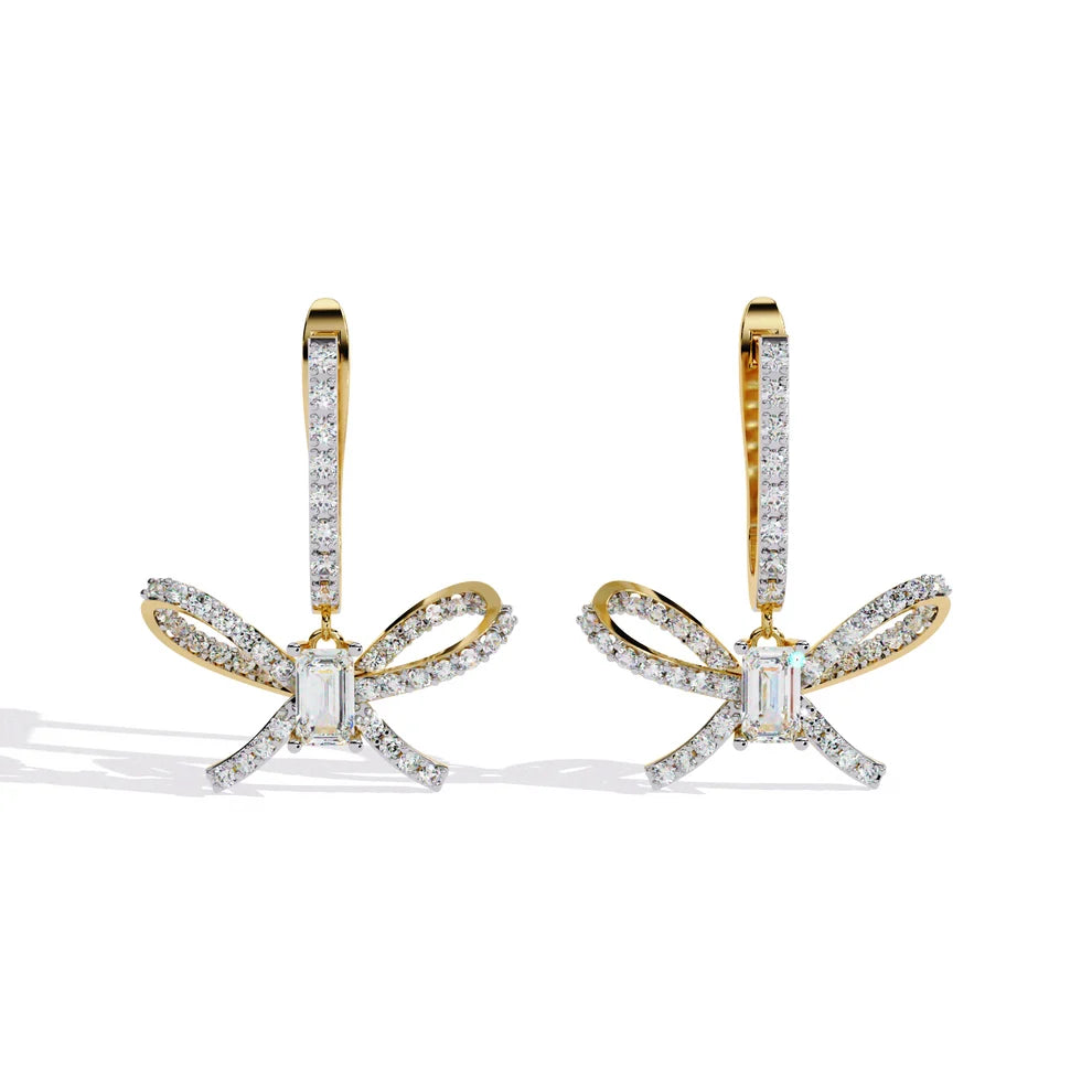 Elegant Diamond Bow Drop Earrings – Emerald-Cut Center in Gold