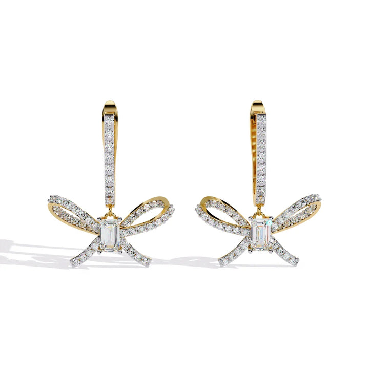 Elegant Diamond Bow Drop Earrings – Emerald-Cut Center in Gold