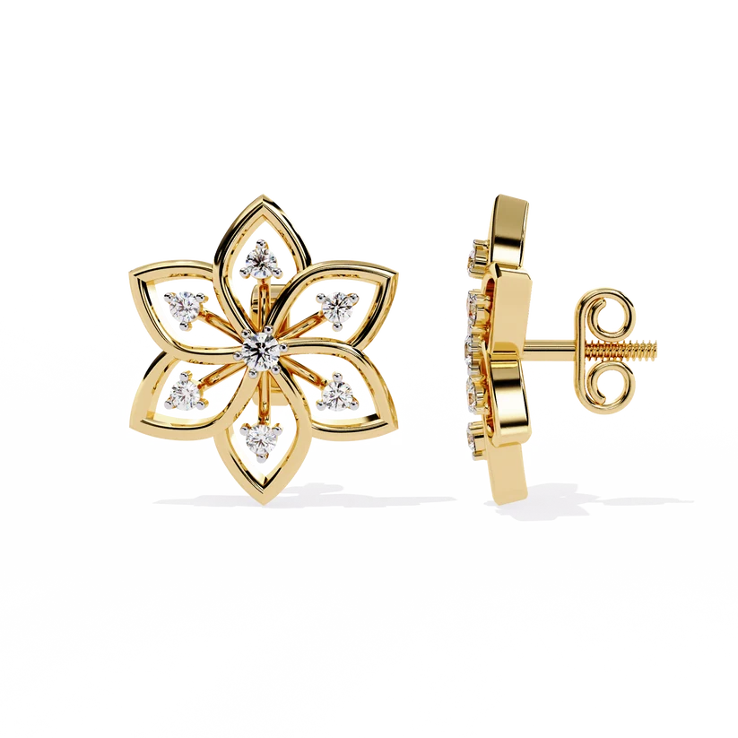 Elegant Floral Diamond Gold Stud Earrings