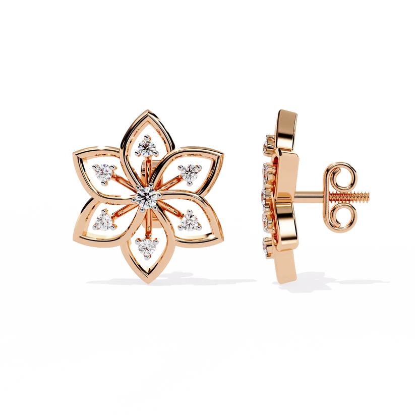 Elegant Floral Diamond Gold Stud Earrings