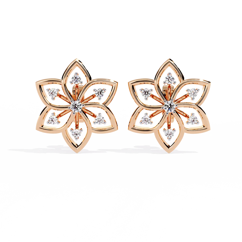 Elegant Floral Diamond Gold Stud Earrings