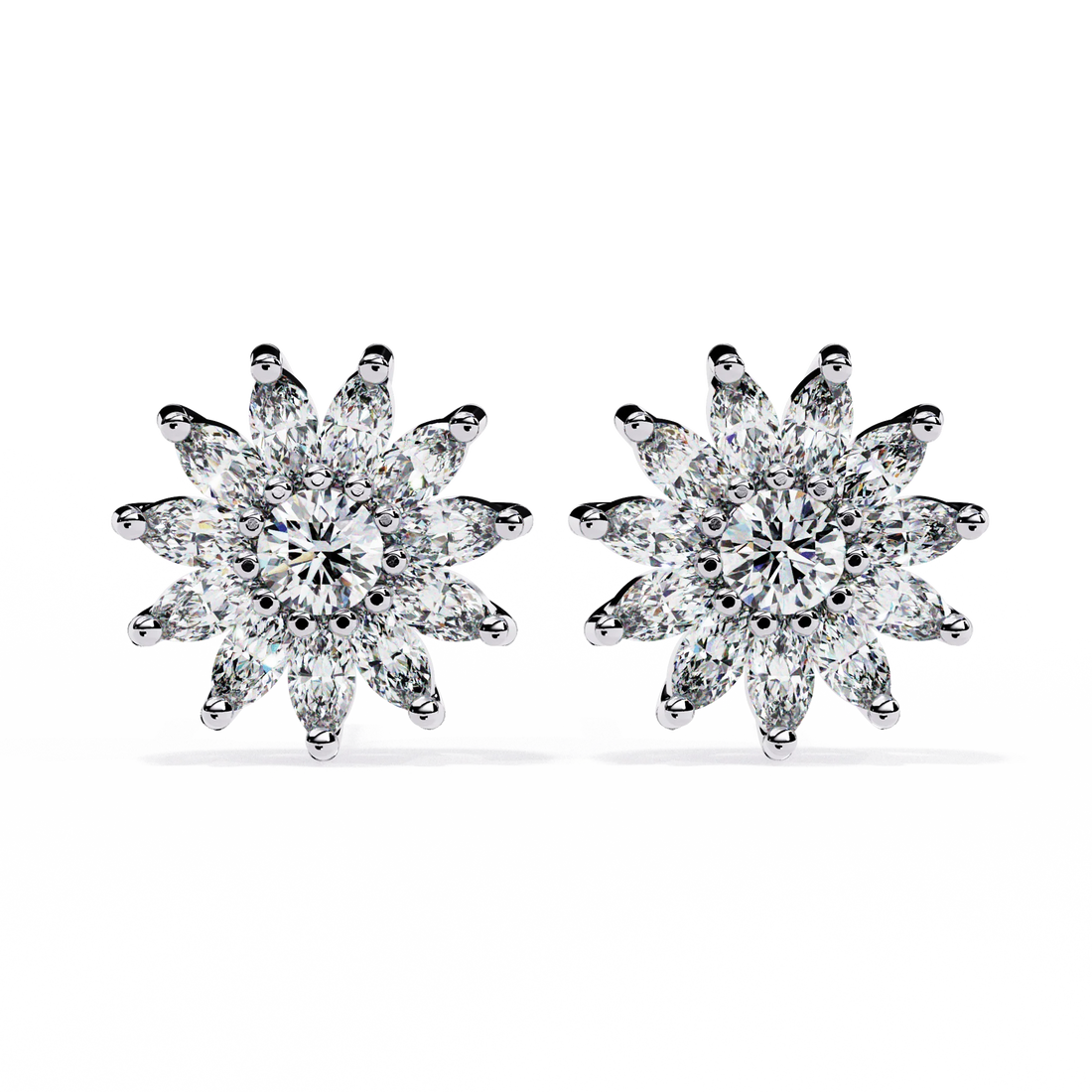 Round & Marquise Diamond Floral Stud Earrings