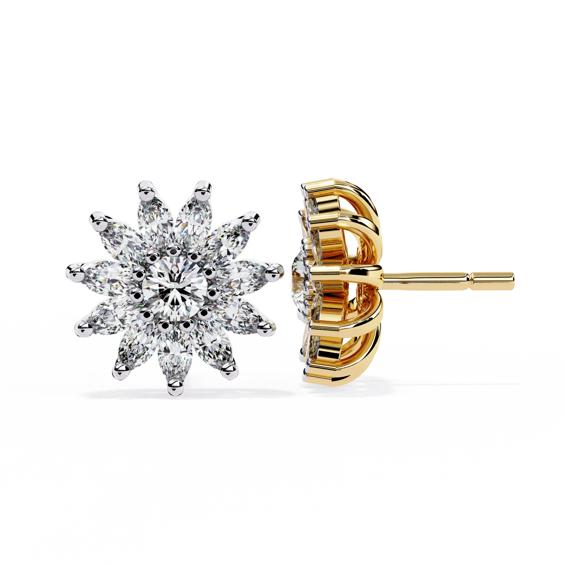 Round & Marquise Diamond Floral Stud Earrings