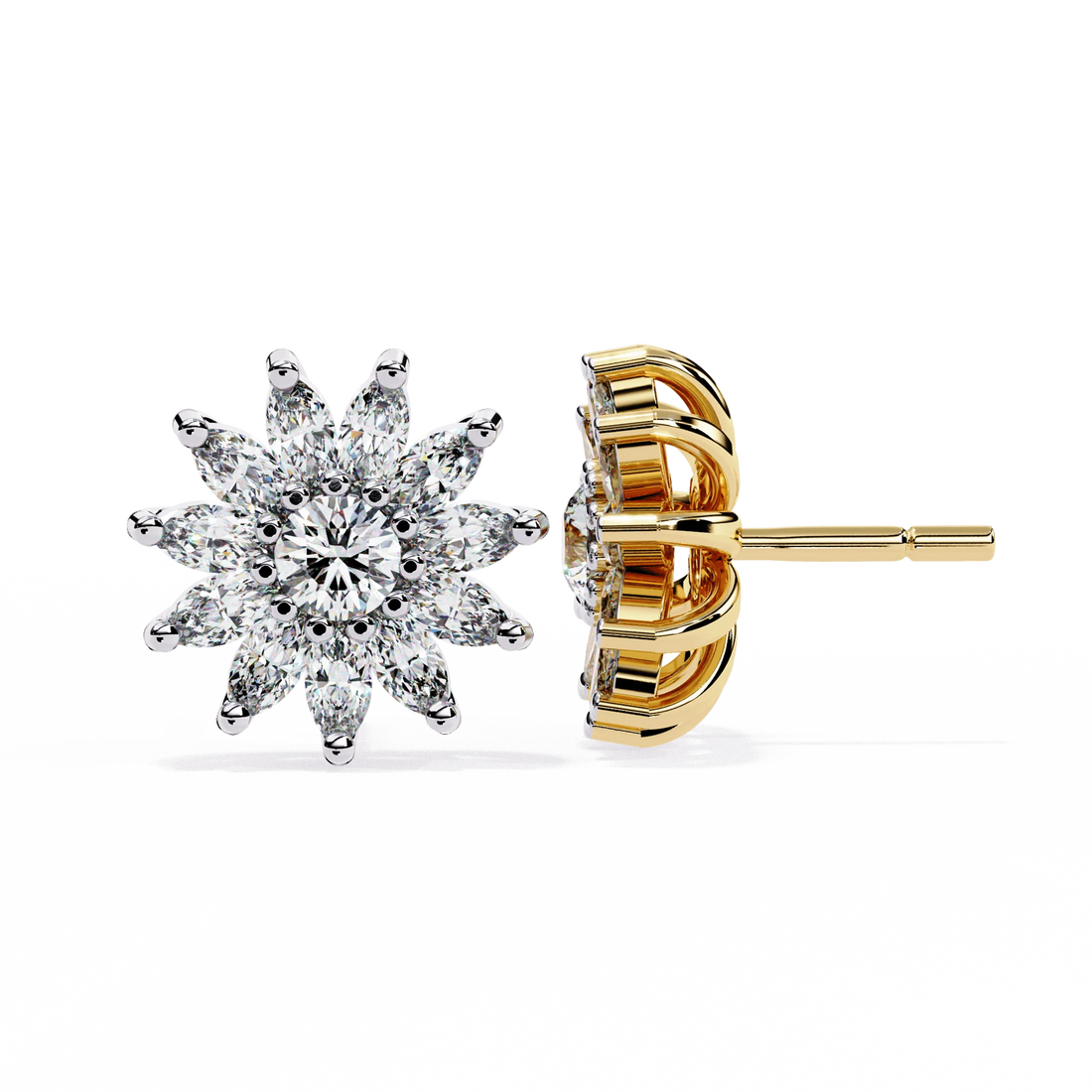 Round & Marquise Diamond Floral Stud Earrings
