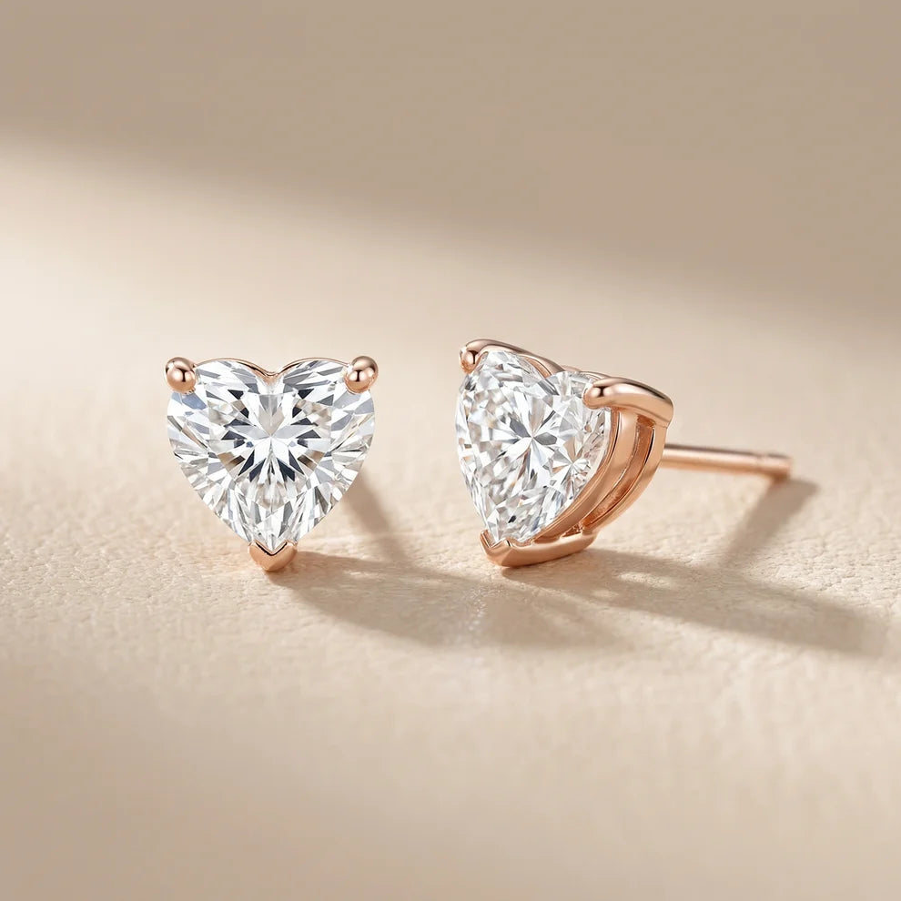 Three Prong Heart Diamond Stud Earrings