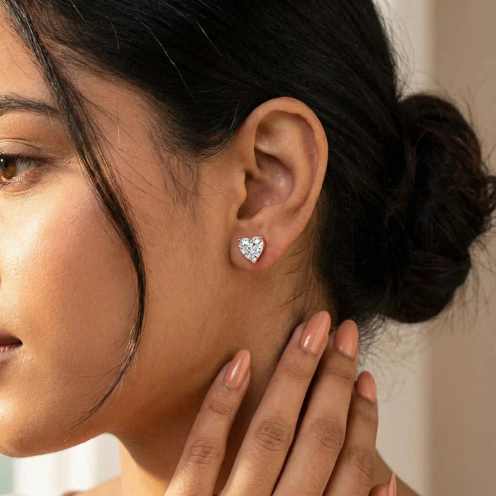 Three Prong Heart Diamond Stud Earrings