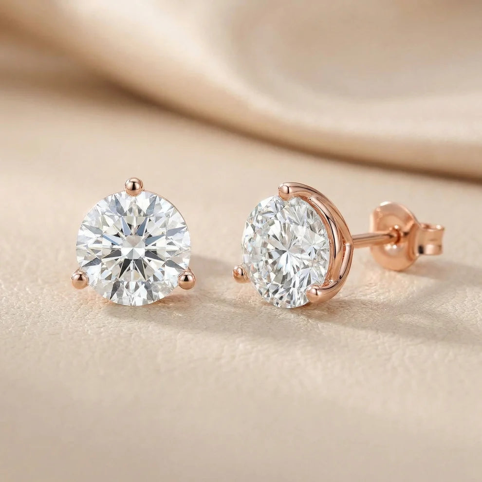 Three Prong Martini Round Diamond Stud Earrings