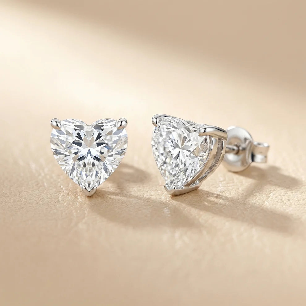 Three Prong Heart Diamond Stud Earrings