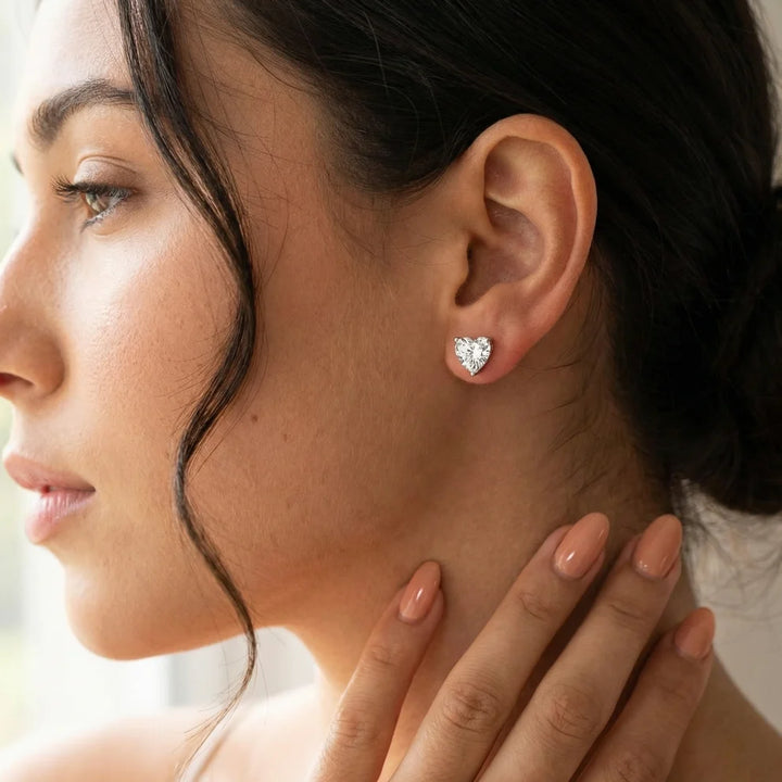 Three Prong Heart Diamond Stud Earrings
