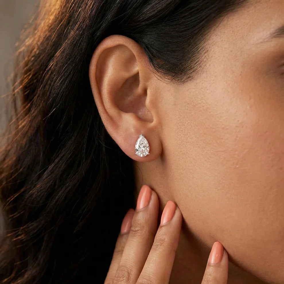 Three Prong Pear Diamond Stud Earrings