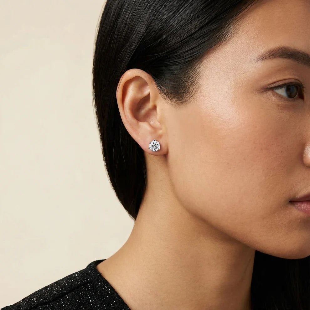 Three Prong Martini Round Diamond Stud Earrings