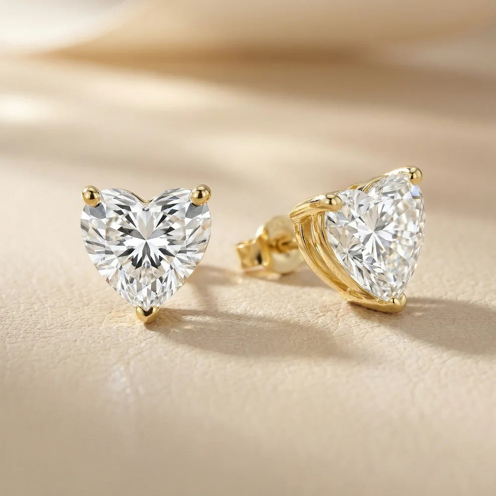 Three Prong Heart Diamond Stud Earrings