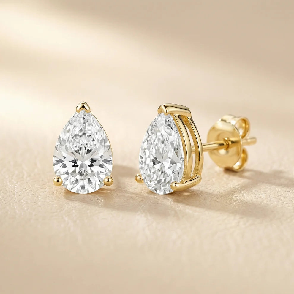 Three Prong Pear Diamond Stud Earrings