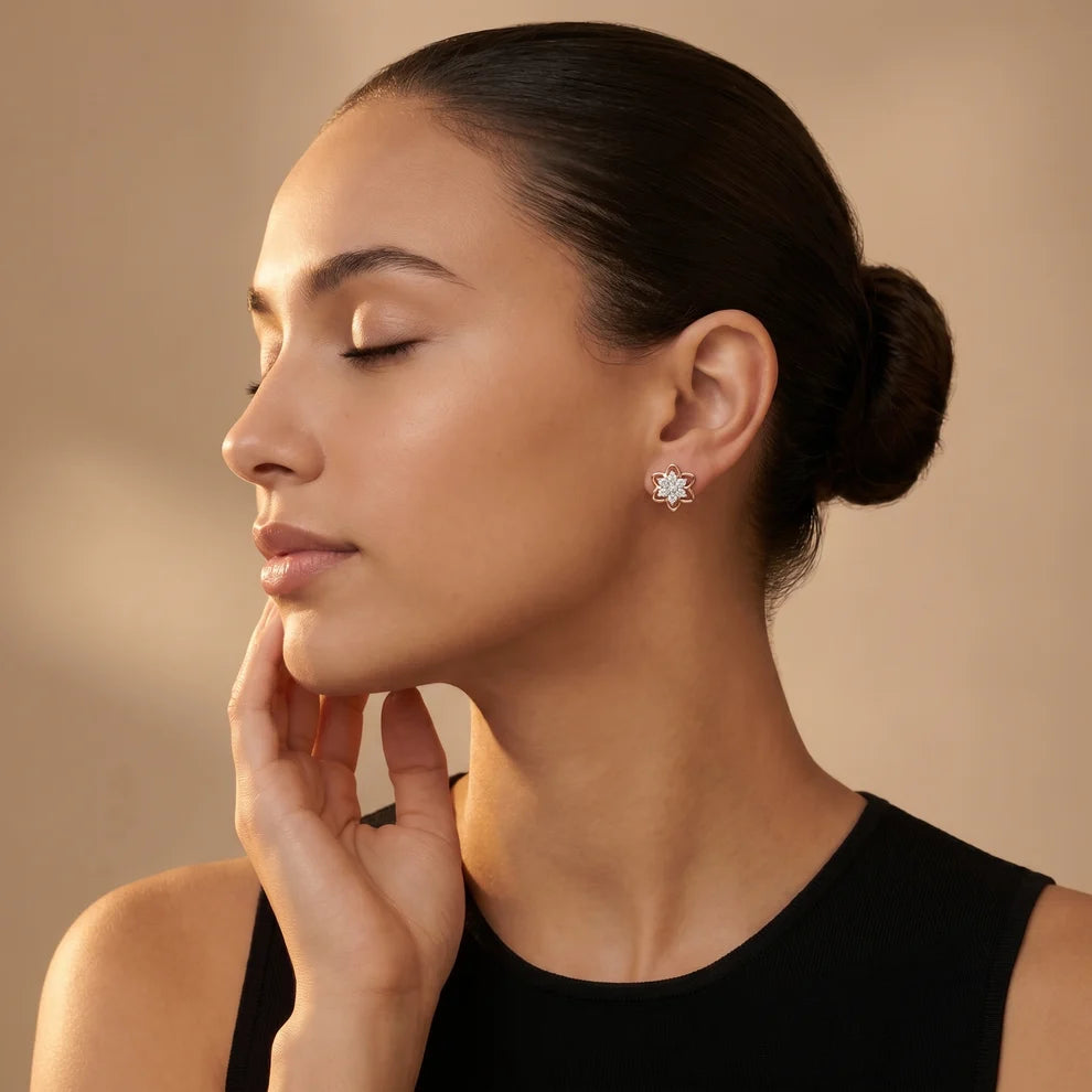 Petal Floral Round Diamond Earrings