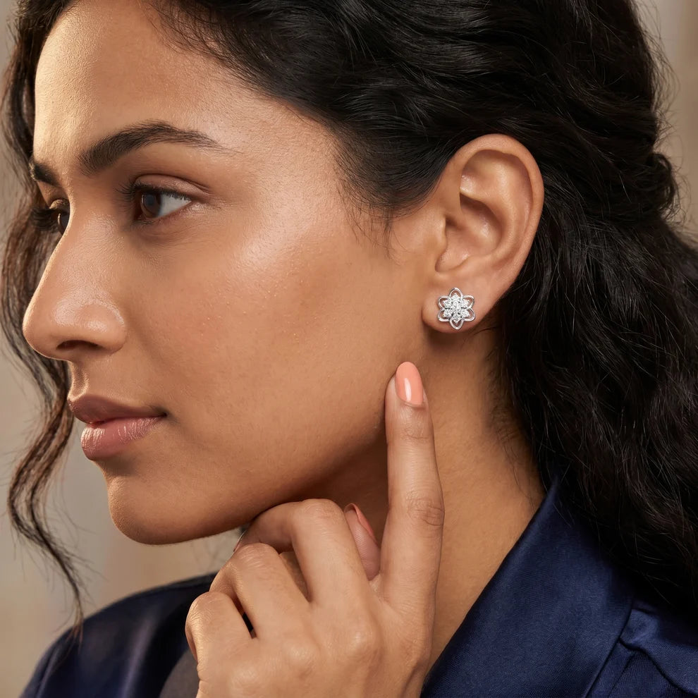 Petal Floral Round Diamond Earrings