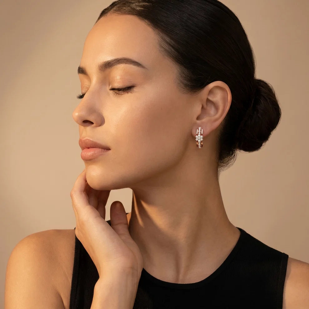 Bloom Floral Round Diamond Huggie Hoop Earrings