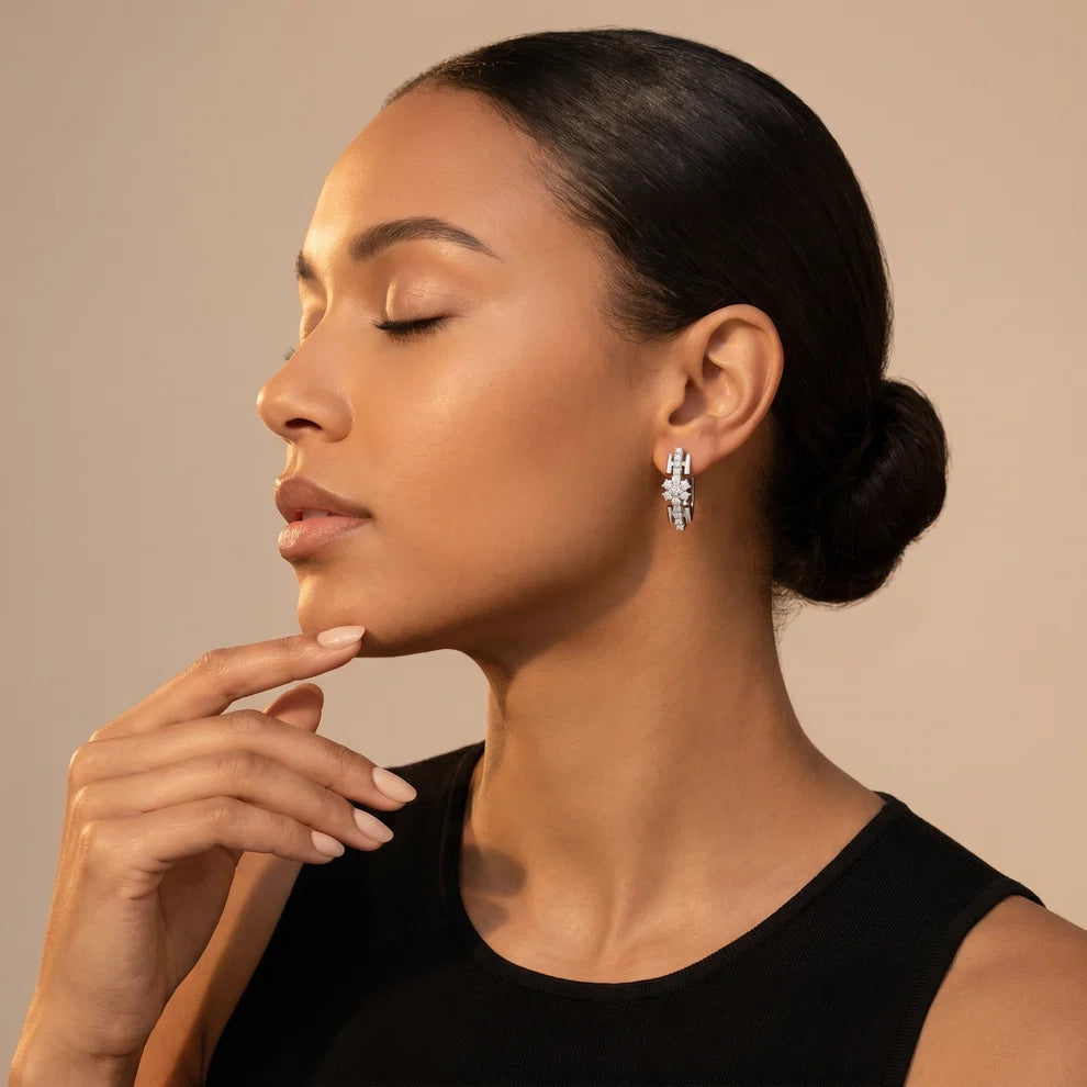 Bloom Floral Round Diamond Huggie Hoop Earrings