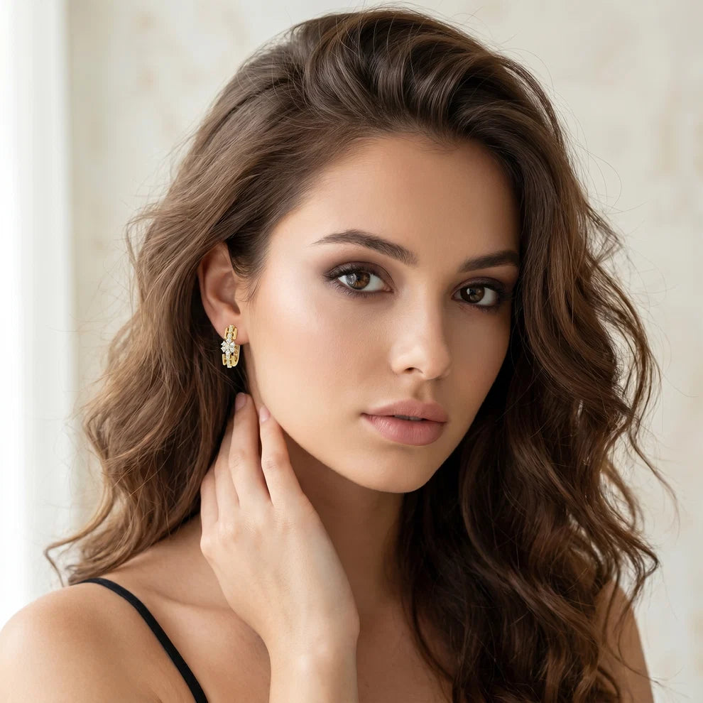 Bloom Floral Round Diamond Huggie Hoop Earrings