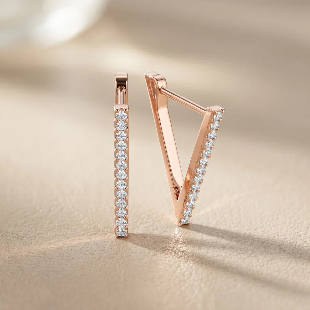 V-Line Pave Round Diamond Huggies Hoop Earrings