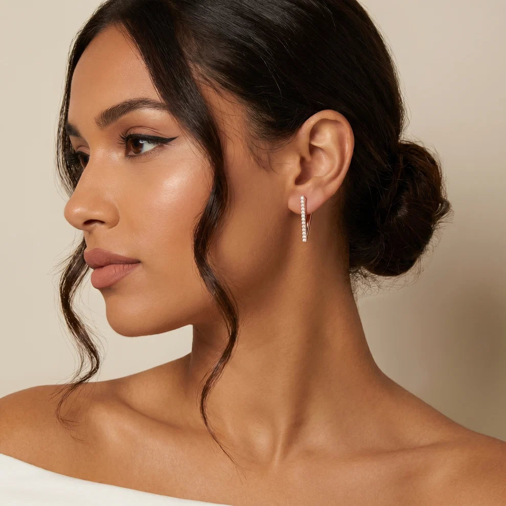 V-Line Pave Round Diamond Huggies Hoop Earrings