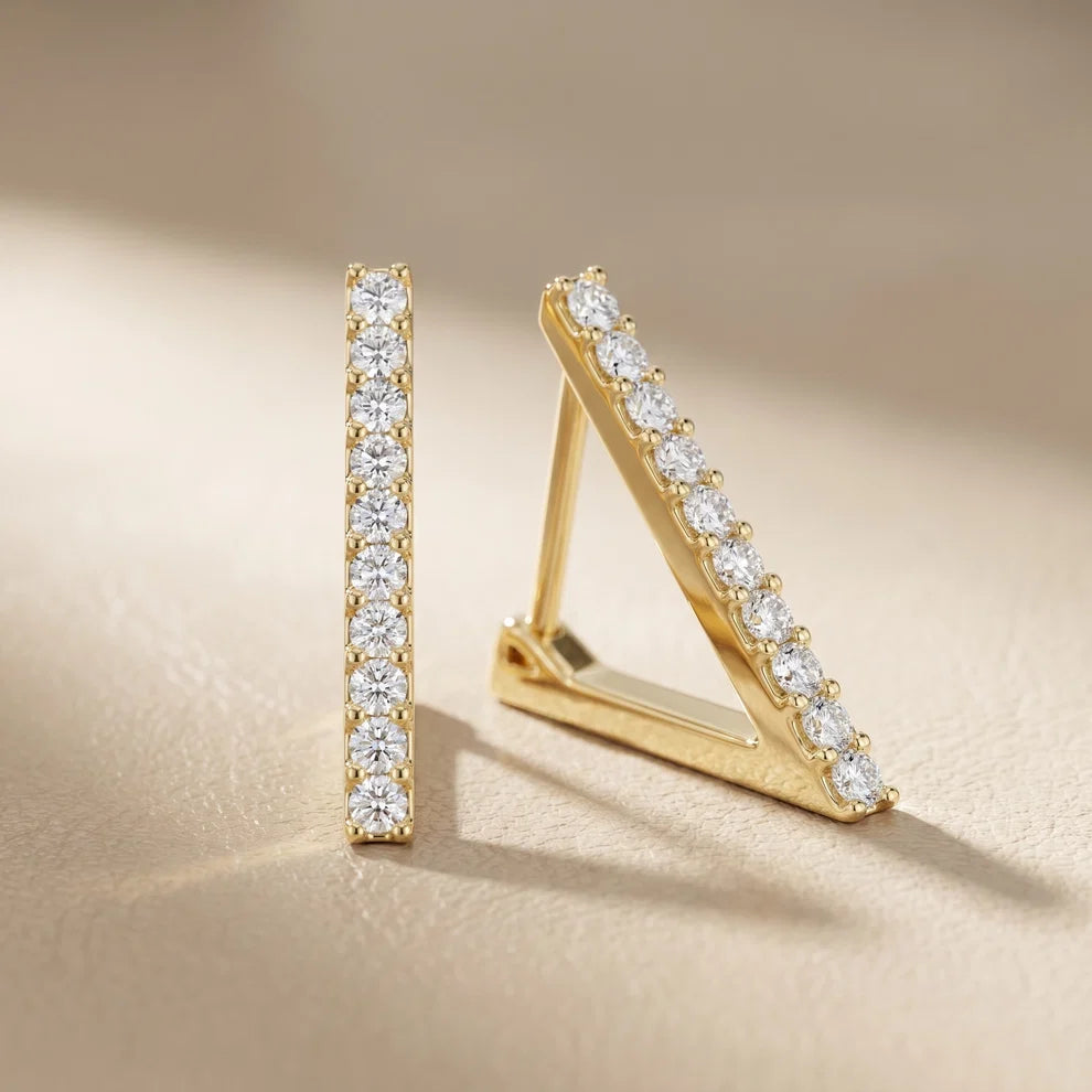 V-Line Pave Round Diamond Huggies Hoop Earrings
