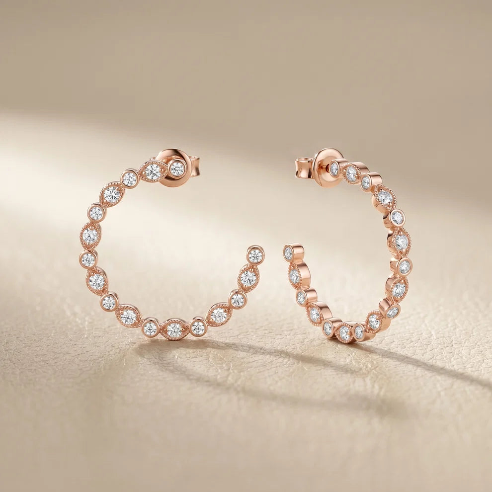Petal Milgrain Round Diamond Hoop Earrings