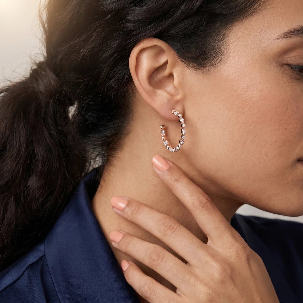 Petal Milgrain Round Diamond Hoop Earrings