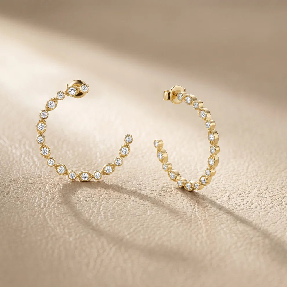 Petal Milgrain Round Diamond Hoop Earrings