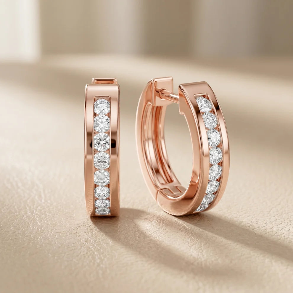 Crest Channel Round Diamond Huggie Hoop Earrings