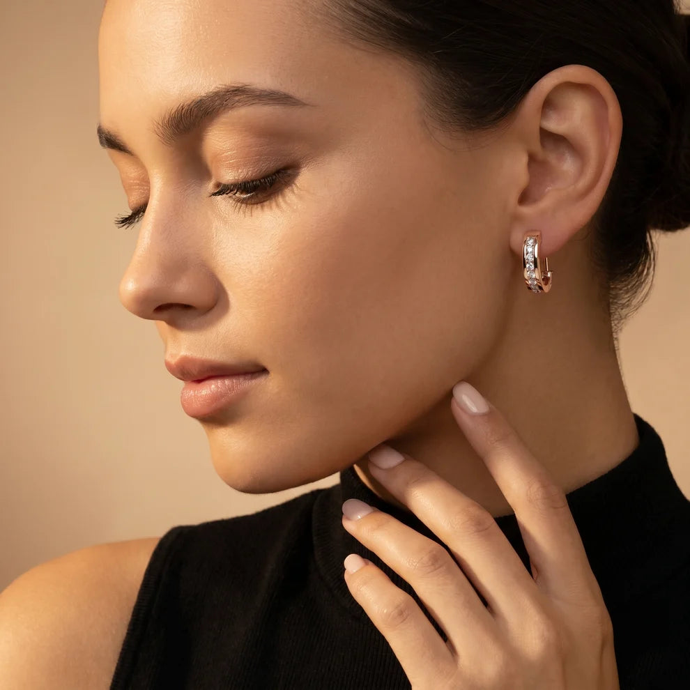 Crest Channel Round Diamond Huggie Hoop Earrings