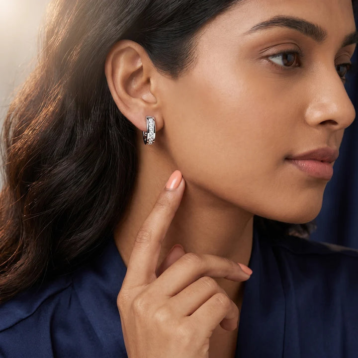 Crest Channel Round Diamond Huggie Hoop Earrings