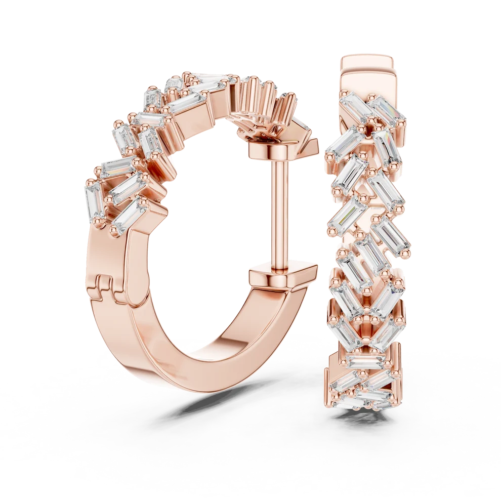 Chevron Baguette Emerald Diamond Hoop Earrings