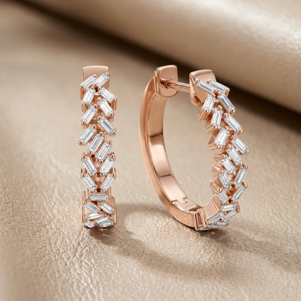 Chevron Baguette Emerald Diamond Hoop Earrings