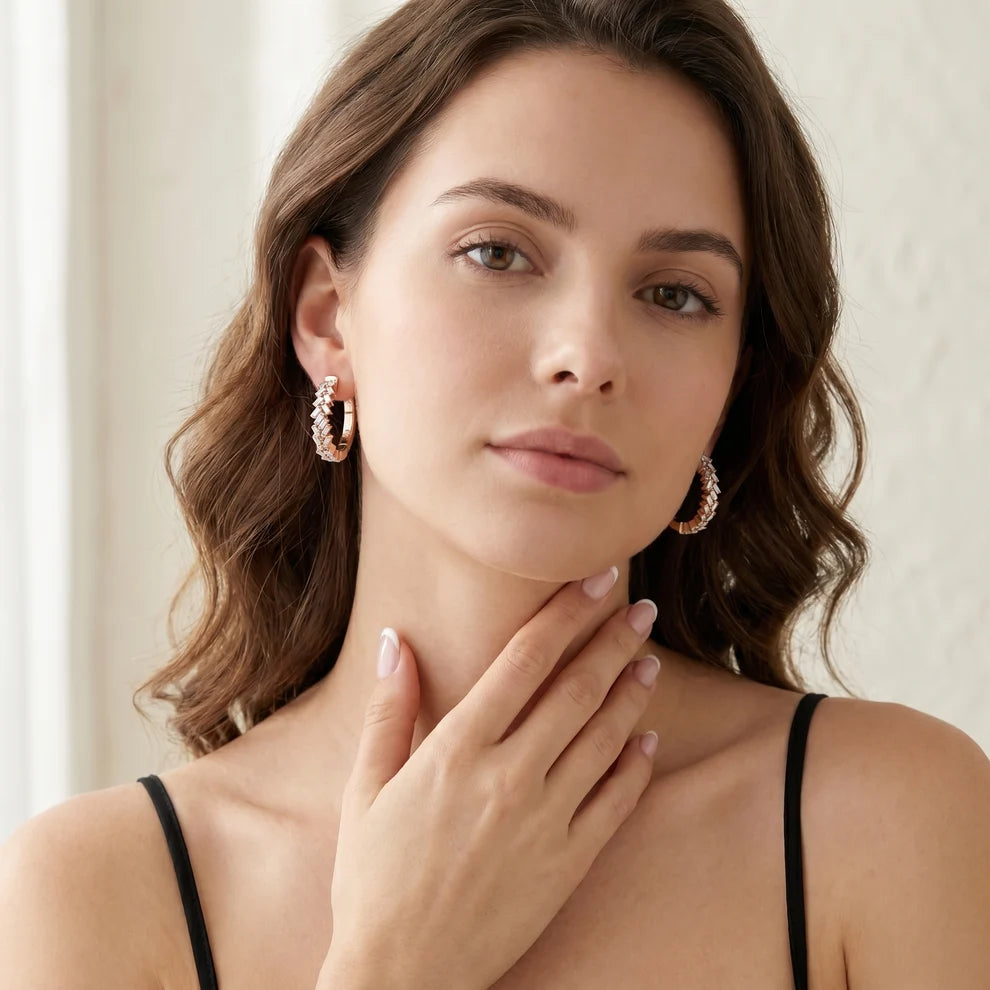 Chevron Baguette Emerald Diamond Hoop Earrings
