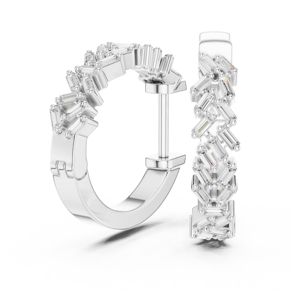 Chevron Baguette Emerald Diamond Hoop Earrings