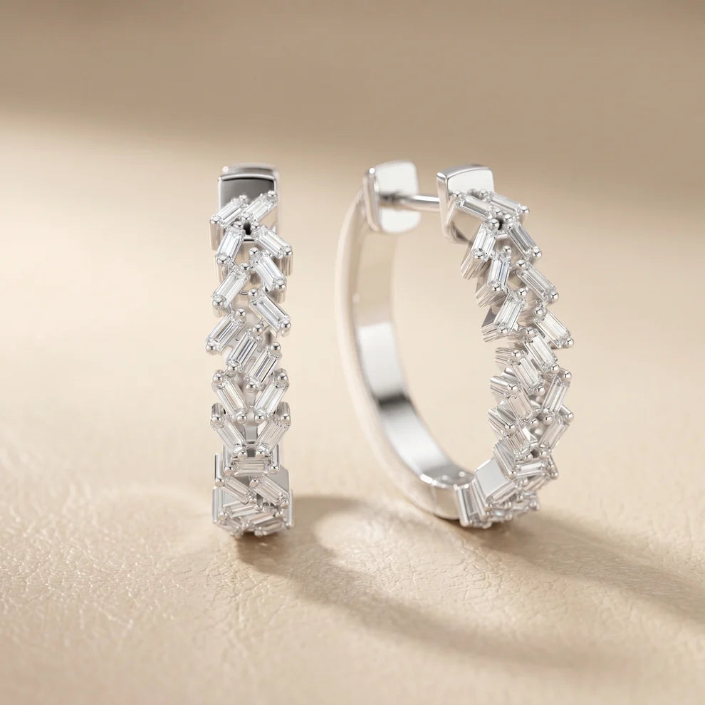 Chevron Baguette Emerald Diamond Hoop Earrings